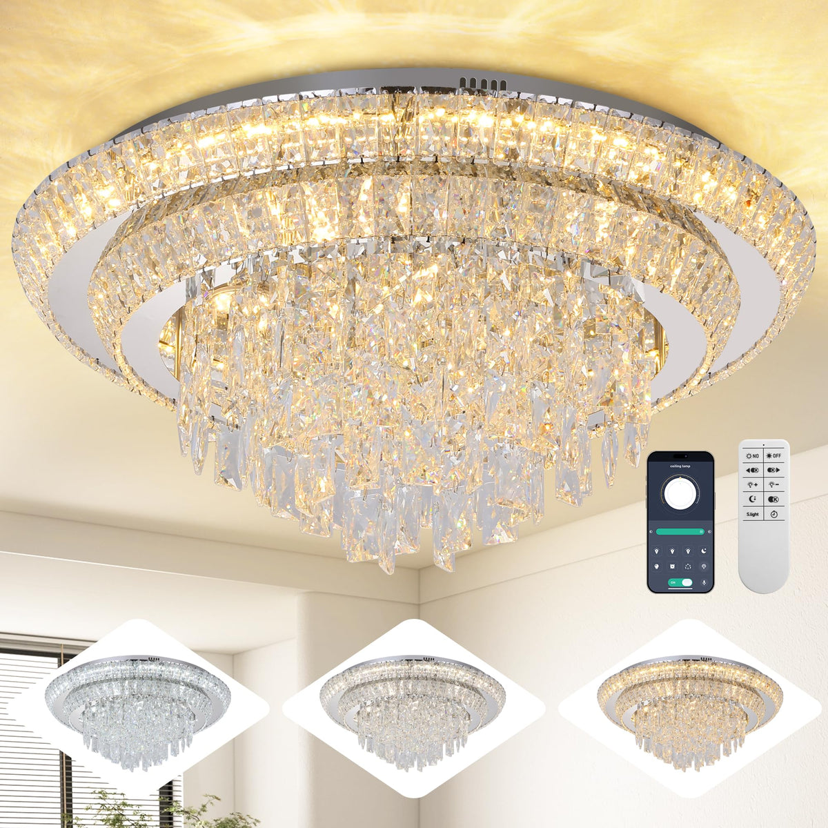 24 Inch Crystal Ceiling Light Flush Mount With Remote and APP Control Black