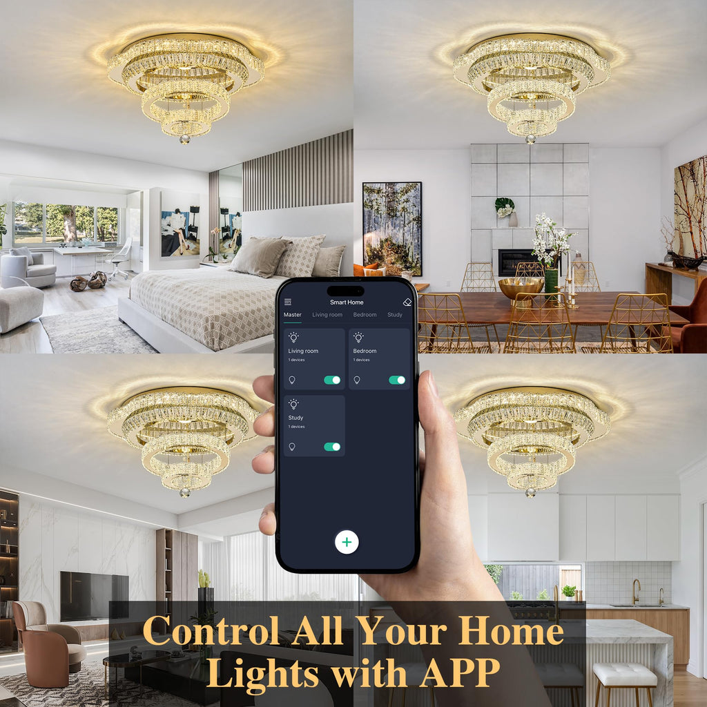 24"Crystal Ceiling Light Modern Gold Flush Mount Chandelier Light Fixture