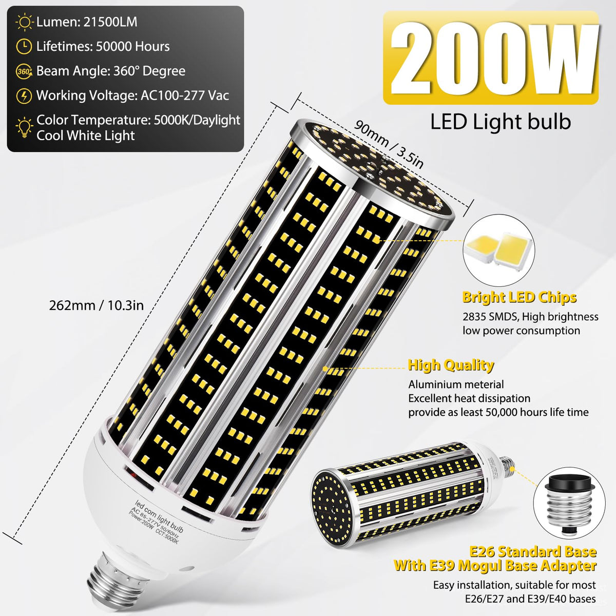 200W LED Corn Light Bulb 4 pack,(2000W Equivalent )Commercial Grade 30500LM DayLight 5000K E26/E39 Medium Mogul Base LED Lamp,Large Area Lights For Outdoor Indoor Garage Warehouse Factory Bay Light