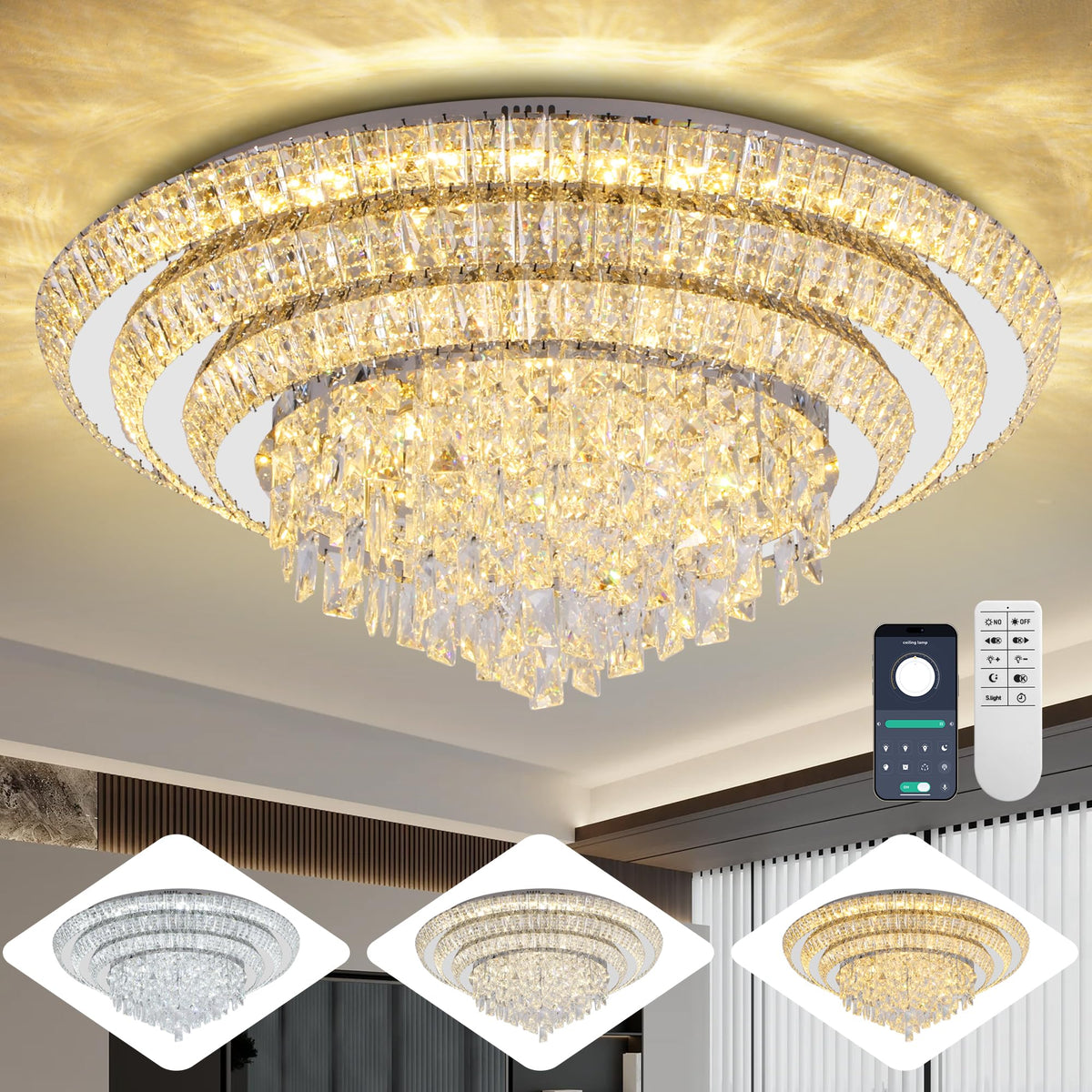24 Inch Crystal Ceiling Light Flush Mount With Remote and APP Control Black