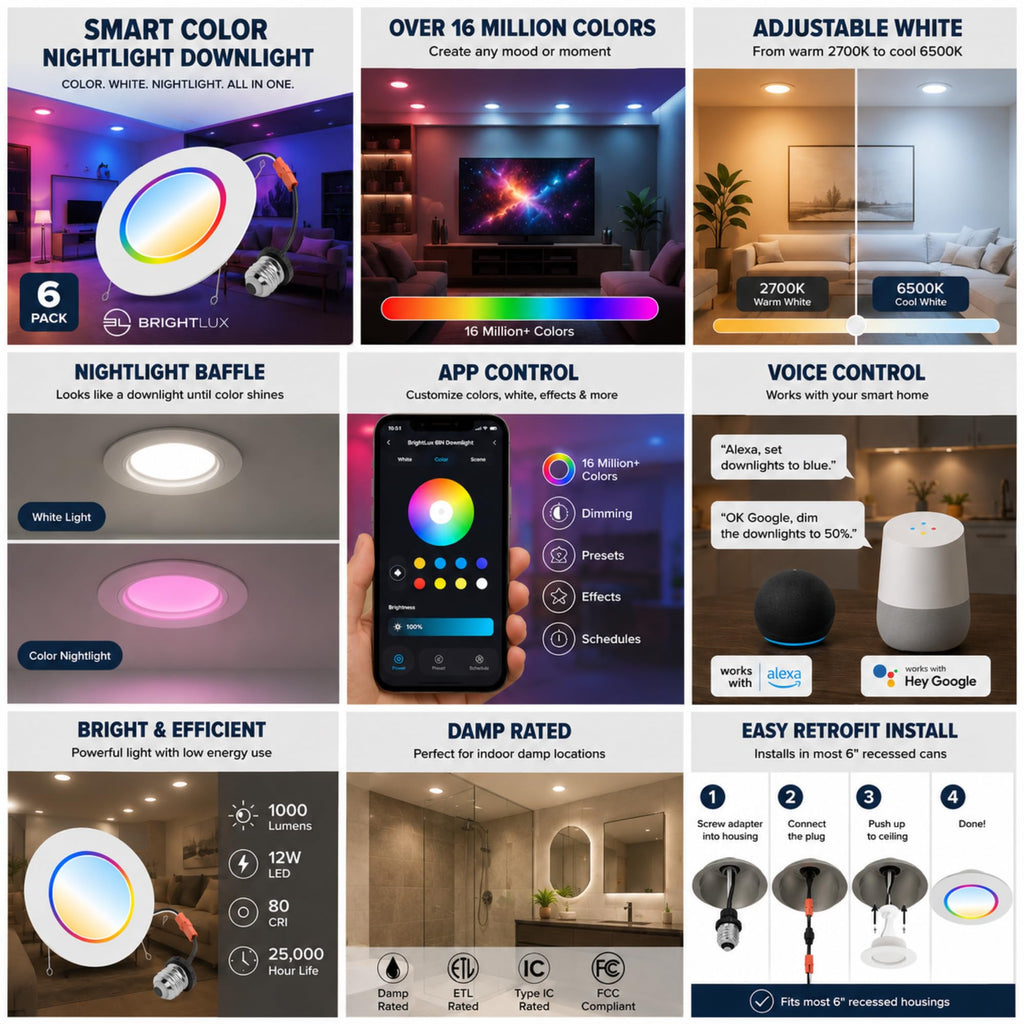 Works with Alexa and Google Home, 6 in. Smart Color Changing Nightlight Downlight 6 Pack, 12W LED Recessed Ceiling Light, App Control, 1000 Lumens, Damp Rated, BL-SNDL-CC-6IN-6PK (30 Pack)
