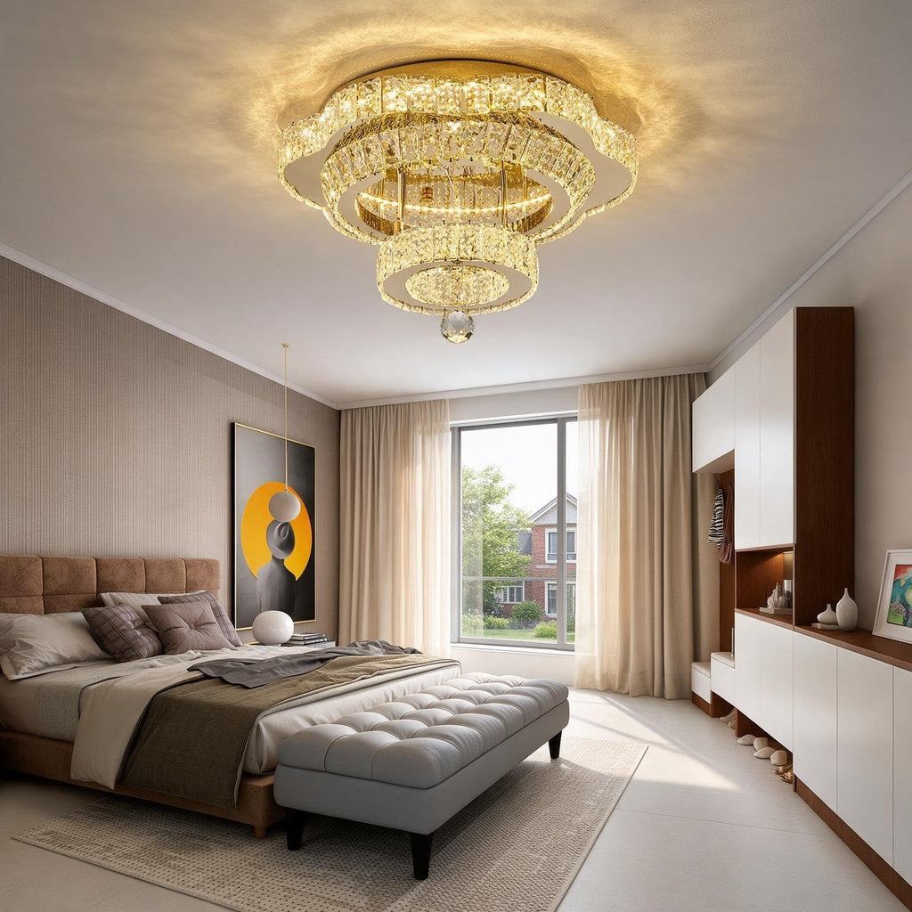 18"Crystal Ceiling Light Modern Gold Flush Mount Chandelier Light Fixture