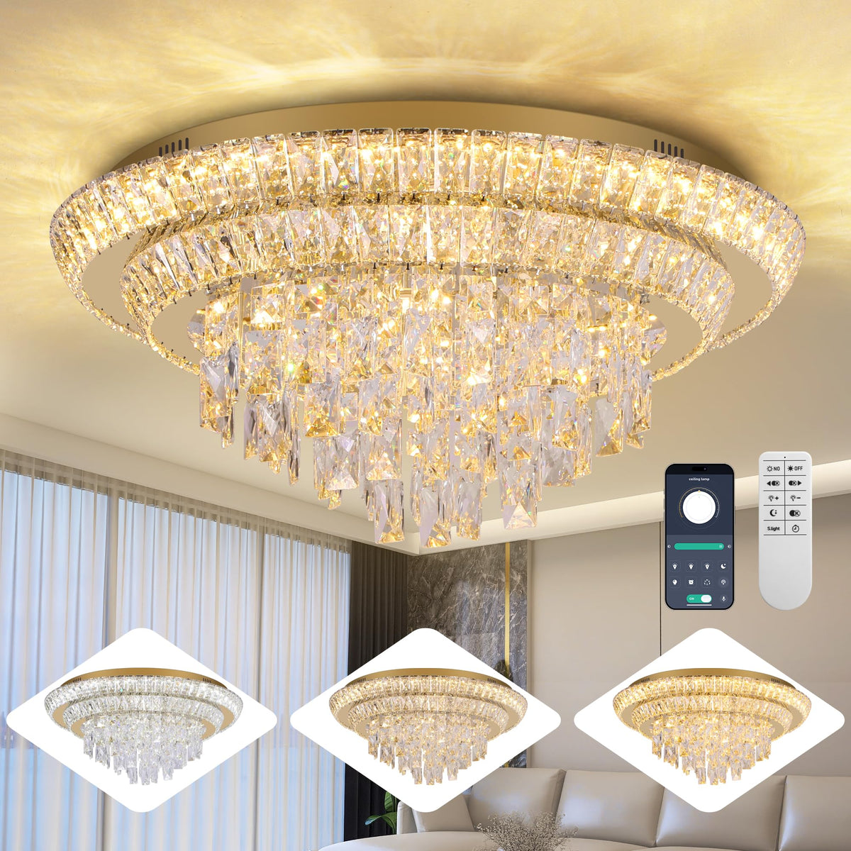 24 Inch Crystal Ceiling Light Flush Mount With Remote and APP Control Black