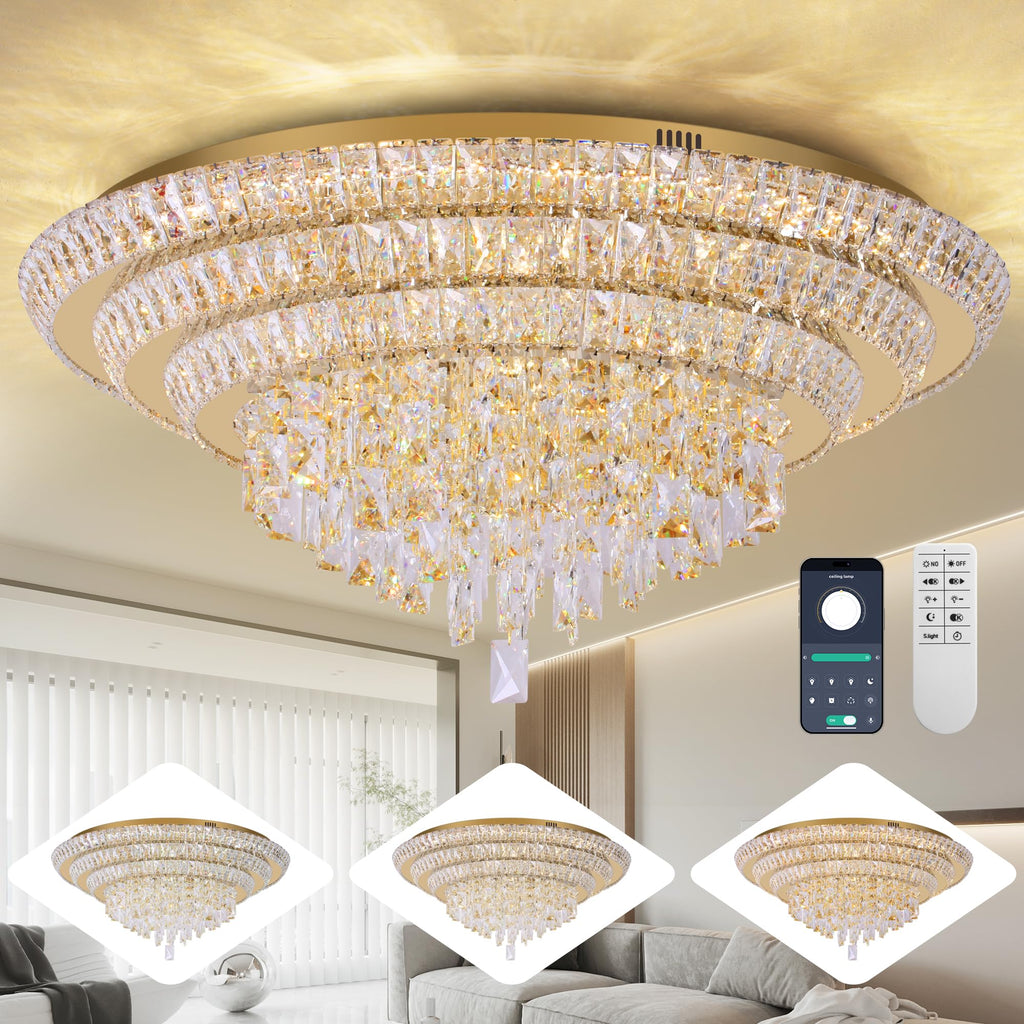 24 Inch Crystal Ceiling Light Flush Mount With Remote and APP Control Black