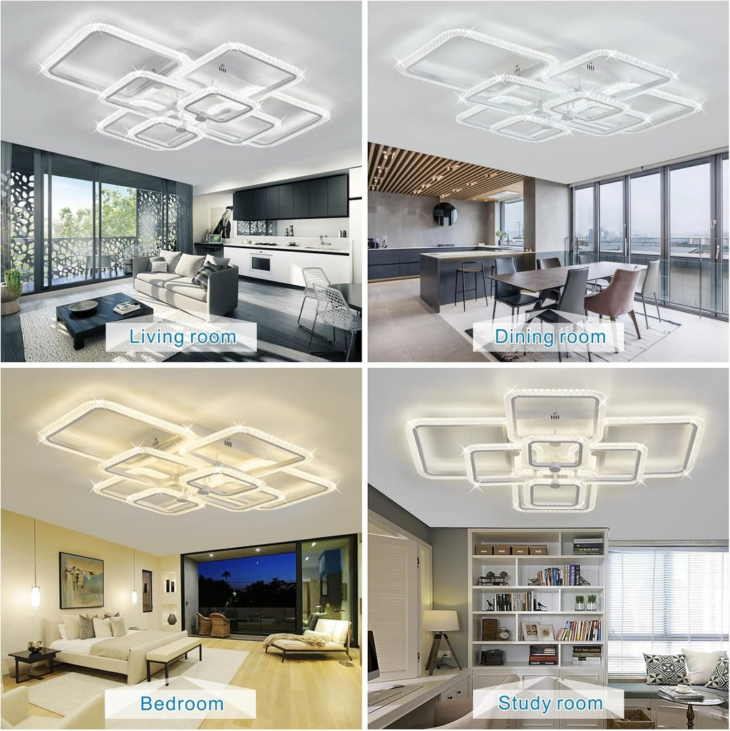 41.3in Modern LED Ceiling Light Fixture Dimmable Crystal Flush Mount Led Ceiling Lights 8 Square Frame with Remote Ceiling Lamps for Living Room Kitchen Bedroom