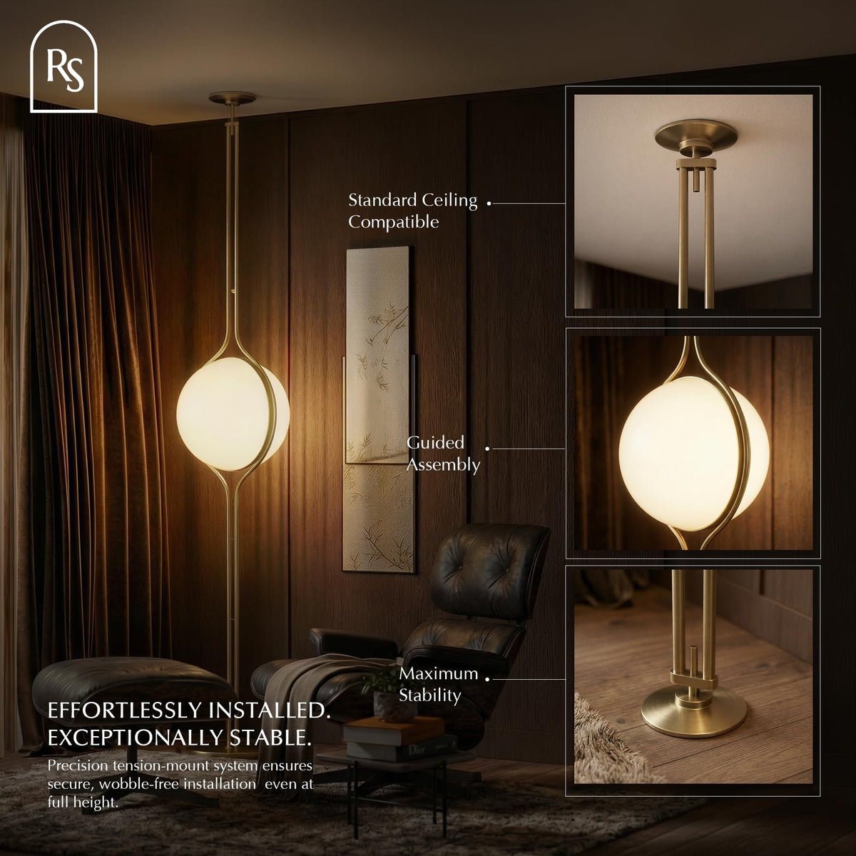 Zuru Floor to Ceiling Lamp - Adjustable 98"-110" Modern Pole Light with LED Bulb - Acrylic Globe Design - UL Certified - Sleek Metal Frame - Living Room & Bedroom Standing Lamp