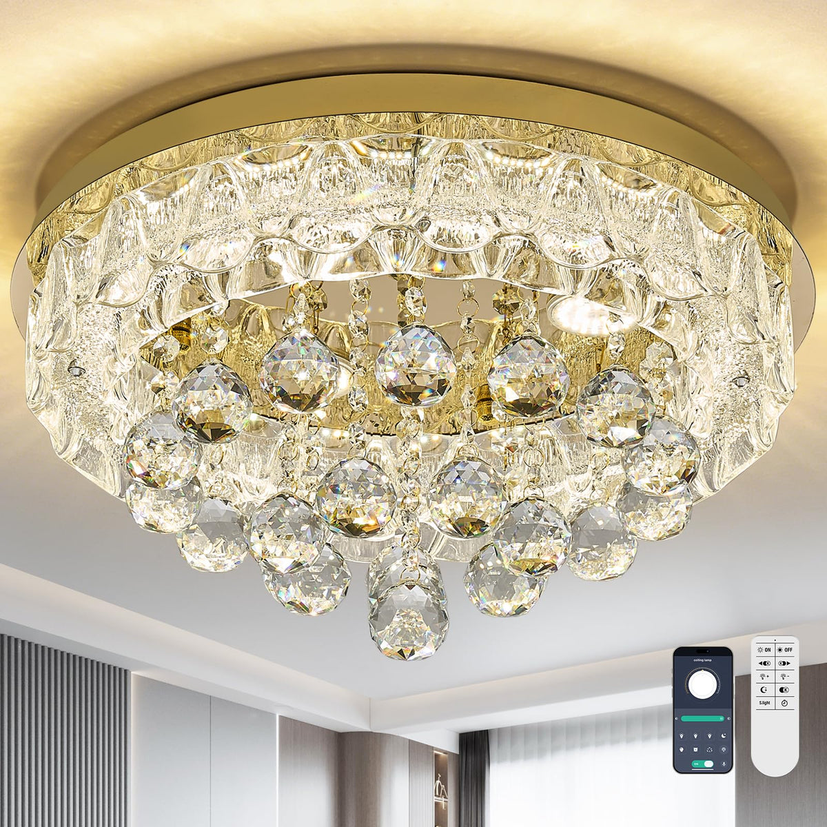 24.5"Crystal Ceiling Light Modern Gold Flush Mount Chandelier Light Fixture