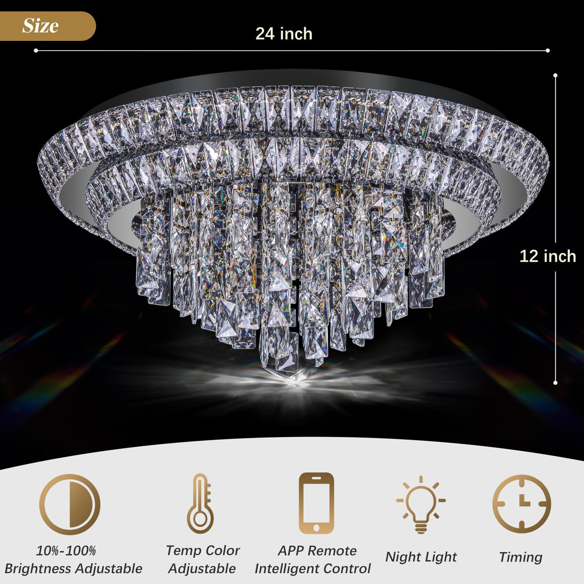 24 Inch Crystal Ceiling Light Flush Mount With Remote and APP Control Black