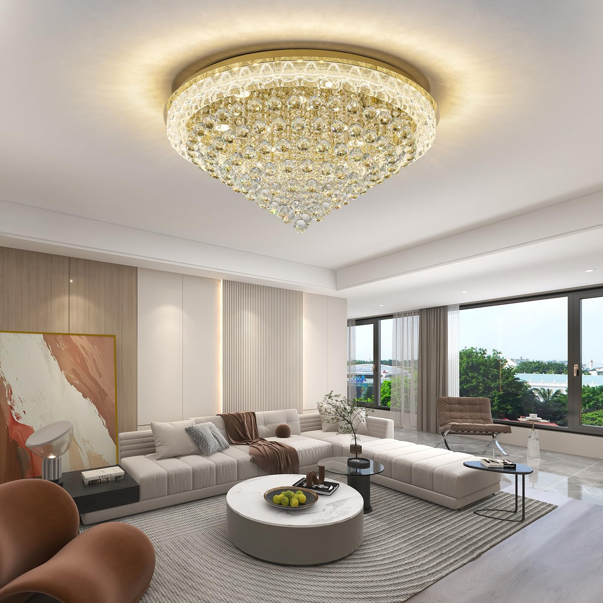 32.3"Crystal Ceiling Light Modern Gold Flush Mount Chandelier Light Fixture