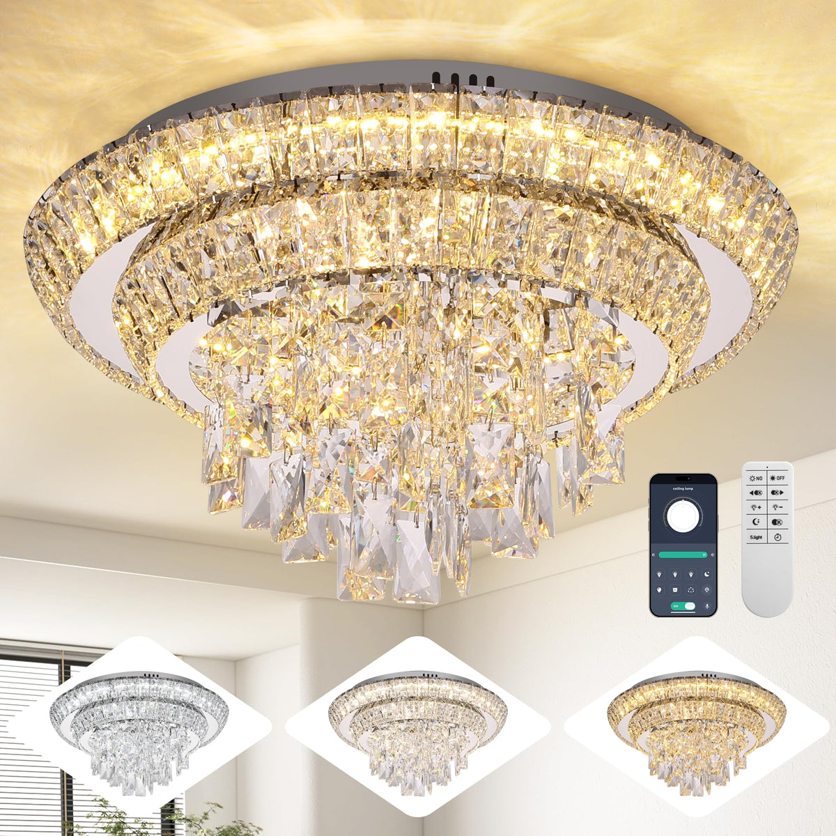 24 Inch Crystal Ceiling Light Flush Mount With Remote and APP Control Black