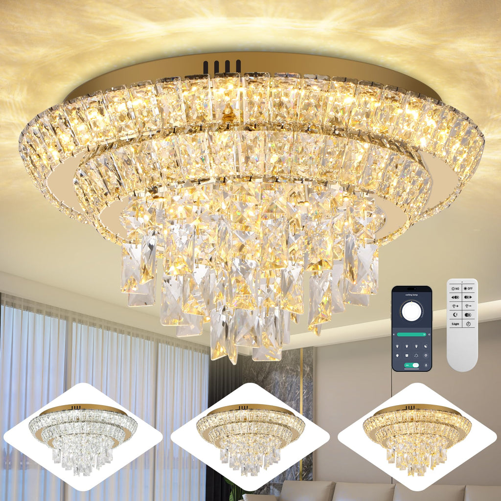24 Inch Crystal Ceiling Light Flush Mount With Remote and APP Control Black