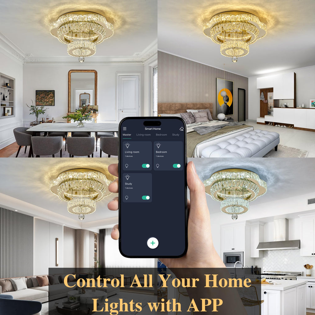 18"Crystal Ceiling Light Modern Gold Flush Mount Chandelier Light Fixture