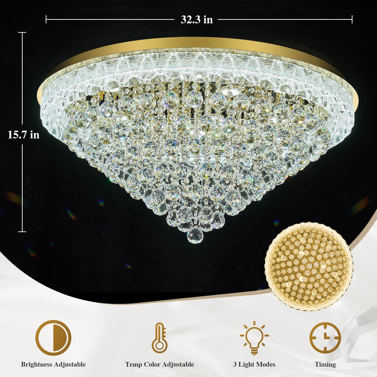 32.3"Crystal Ceiling Light Modern Gold Flush Mount Chandelier Light Fixture