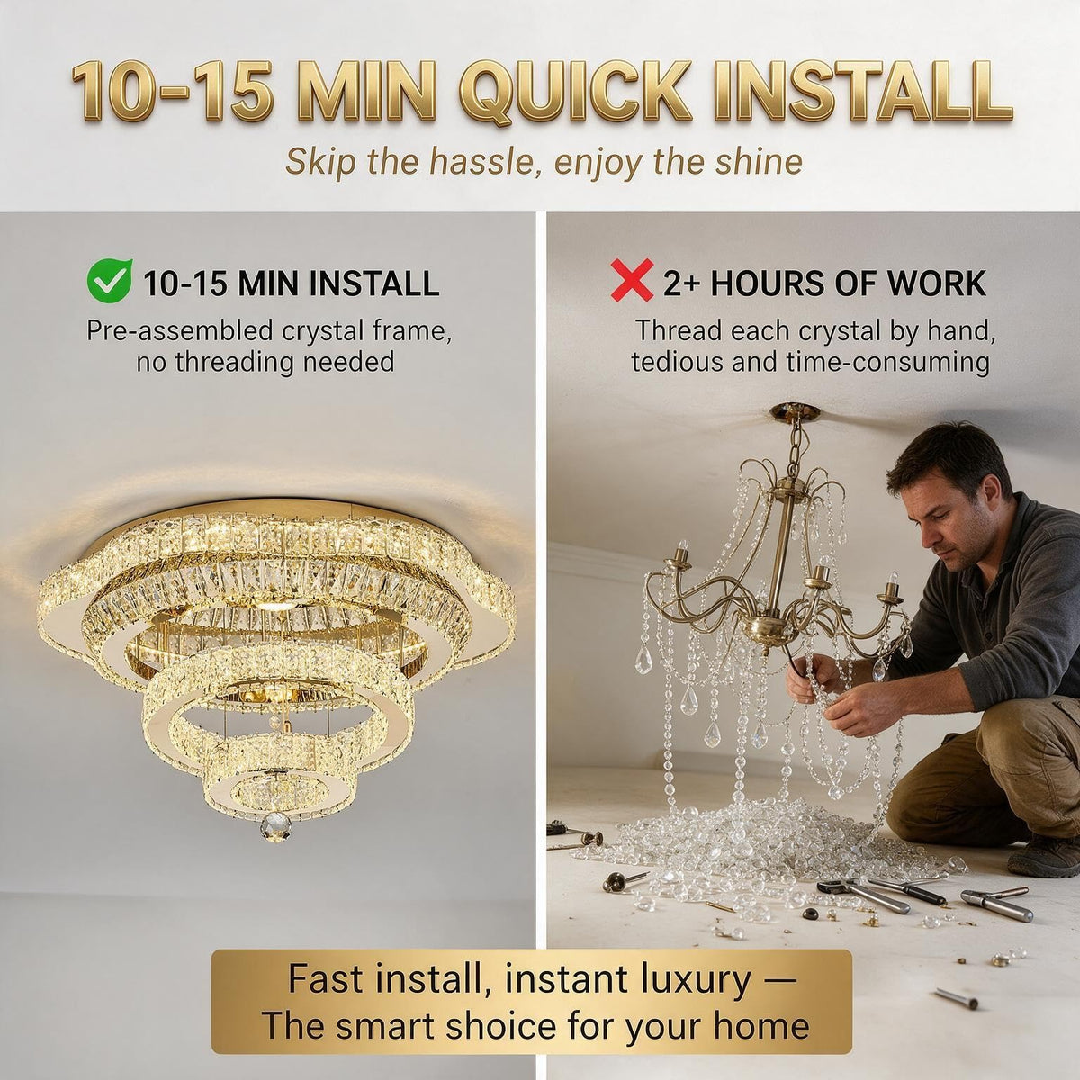 24"Crystal Ceiling Light Modern Gold Flush Mount Chandelier Light Fixture
