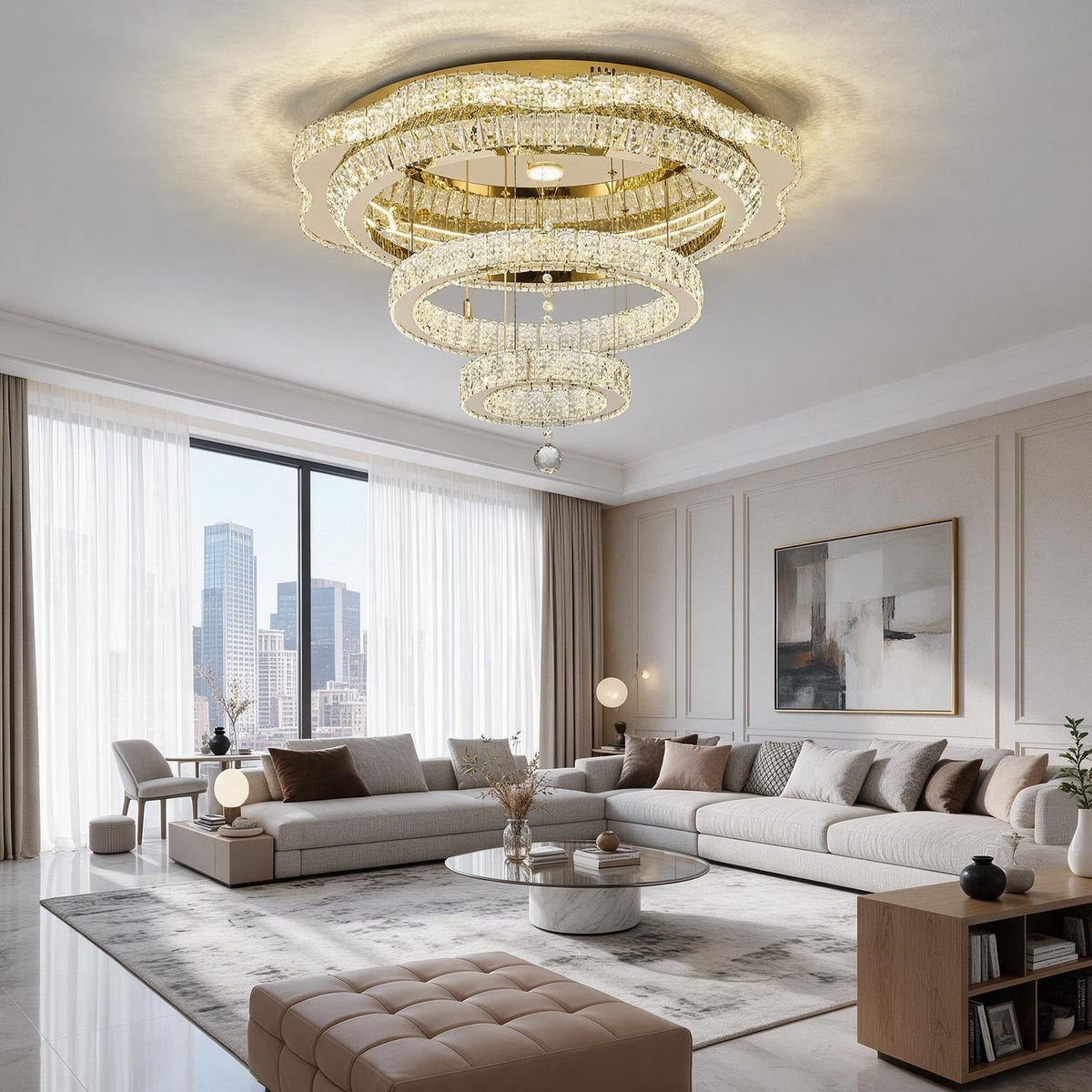30"Crystal Ceiling Light Modern Gold Flush Mount Chandelier Light Fixture