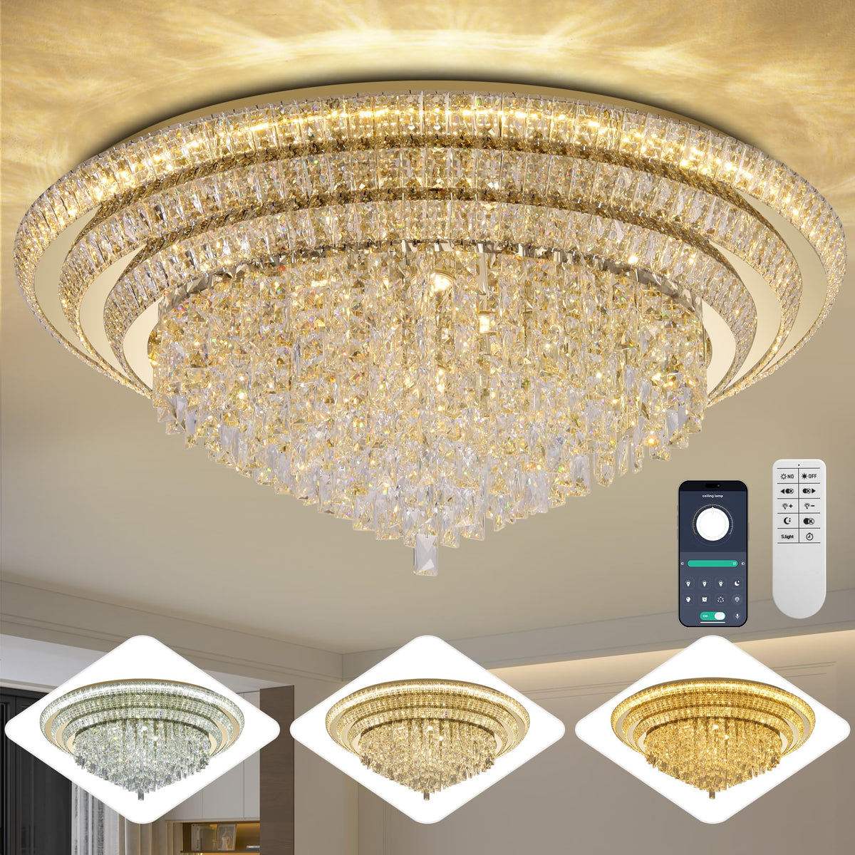 24 Inch Crystal Ceiling Light Flush Mount With Remote and APP Control Black