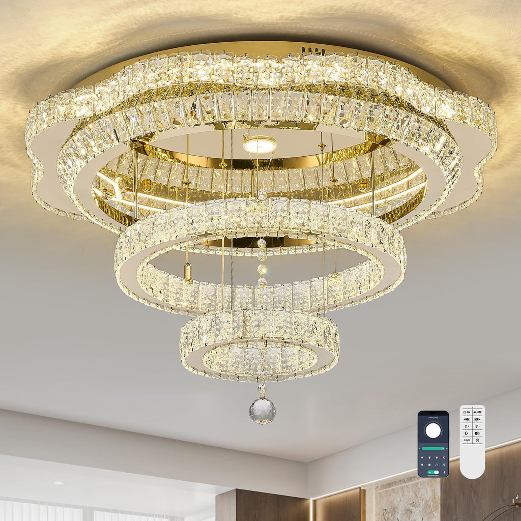 24"Crystal Ceiling Light Modern Gold Flush Mount Chandelier Light Fixture