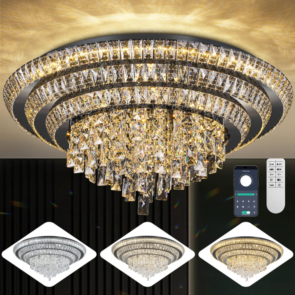 24 Inch Crystal Ceiling Light Flush Mount With Remote and APP Control Black