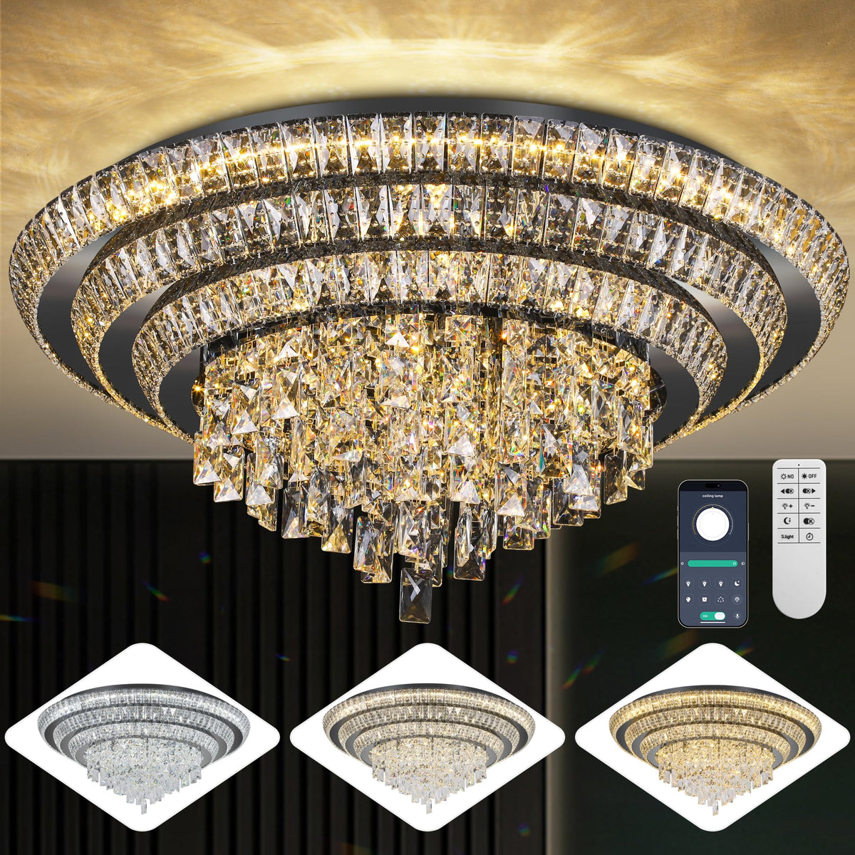 24 Inch Crystal Ceiling Light Flush Mount With Remote and APP Control Black