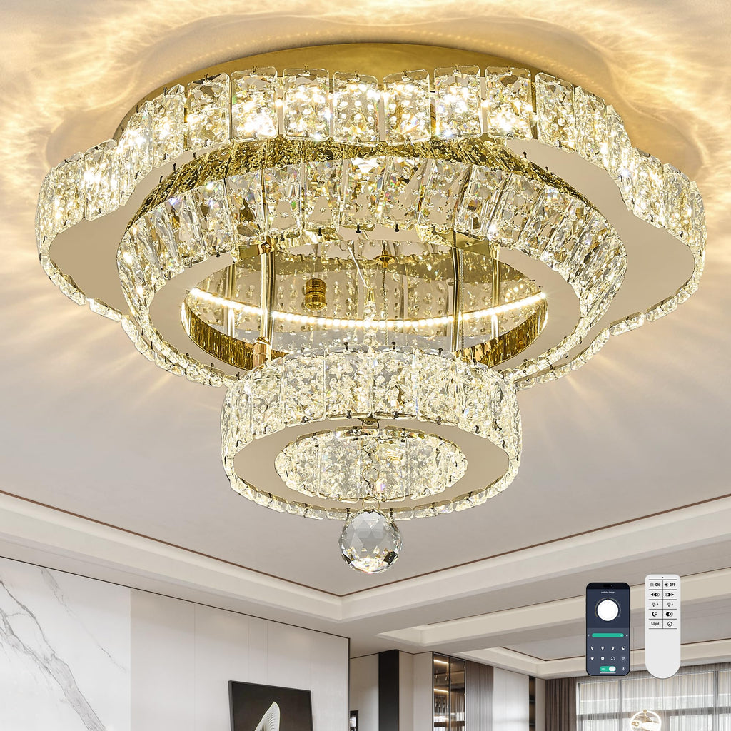 24"Crystal Ceiling Light Modern Gold Flush Mount Chandelier Light Fixture