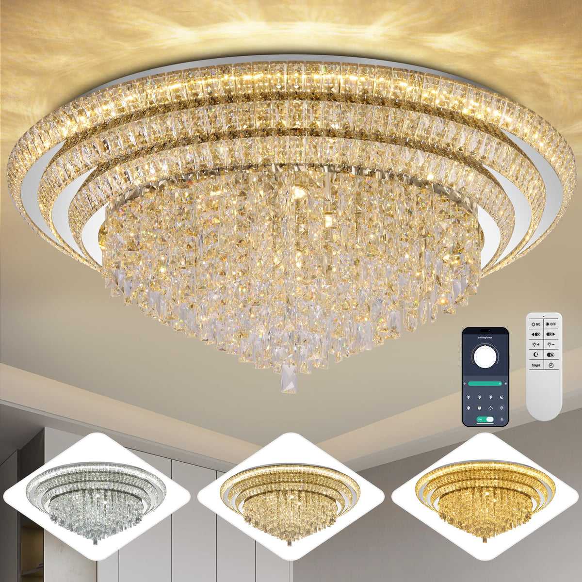 24 Inch Crystal Ceiling Light Flush Mount With Remote and APP Control Black