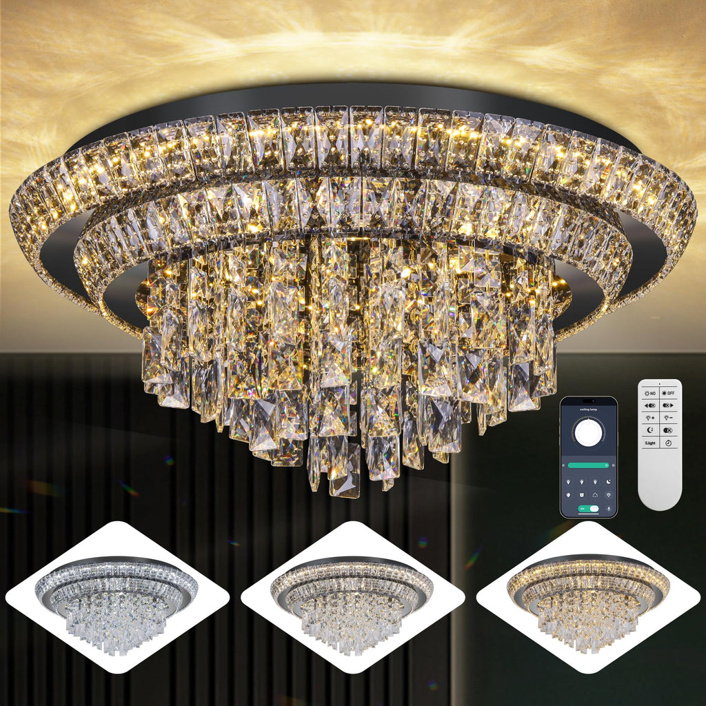 24 Inch Crystal Ceiling Light Flush Mount With Remote and APP Control Black