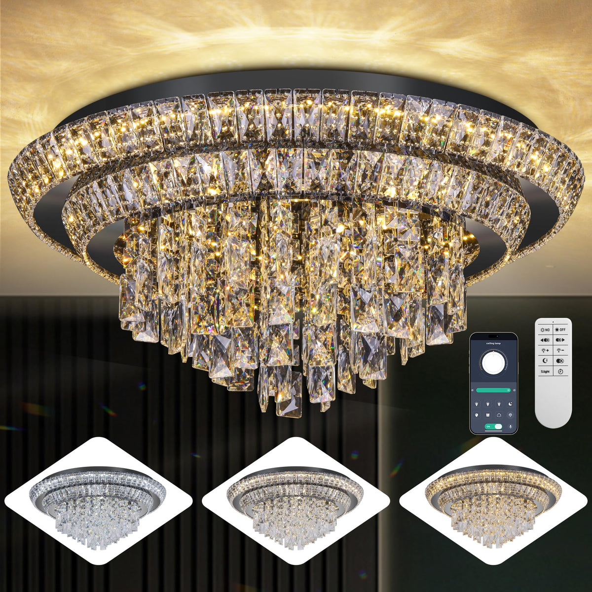 24 Inch Crystal Ceiling Light Flush Mount With Remote and APP Control Black