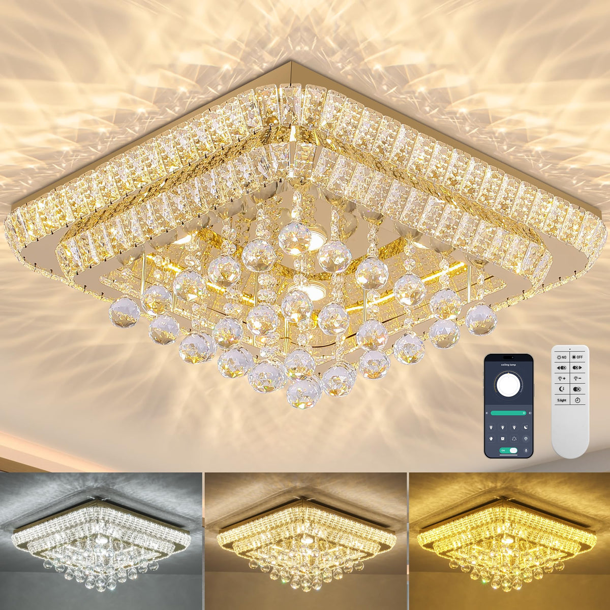 34 inch Silver Crystal Chandeliers,Flush Mount Chandelier LED Ceiling Light