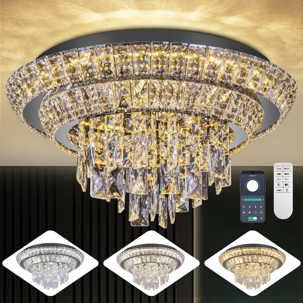 24 Inch Crystal Ceiling Light Flush Mount With Remote and APP Control Black